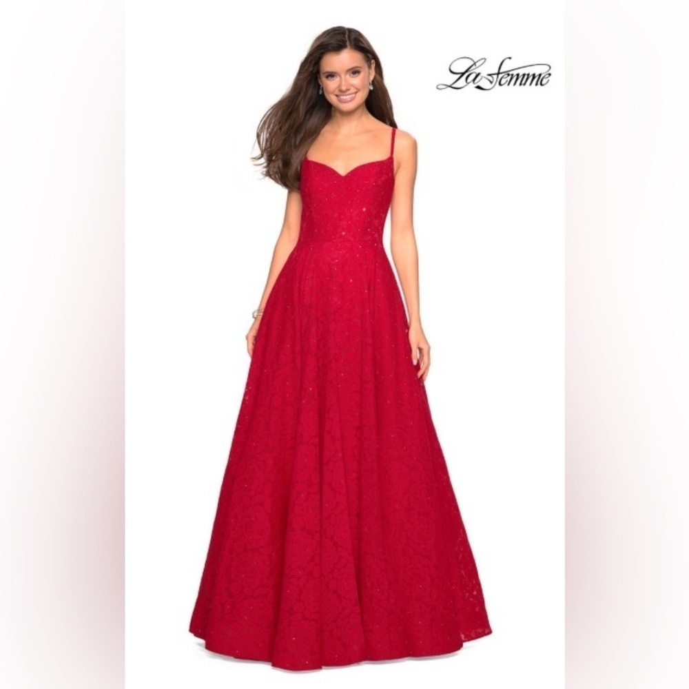La Femme red ballgown Dress spaghetti straps sweetheart all lace rhinestones 6